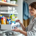 ein haushaltsexperte erklärt, wie ein ausziehbarer organizer für waschpulver hilft, platz zu sparen und ordnung in der waschküche zu schaffen.