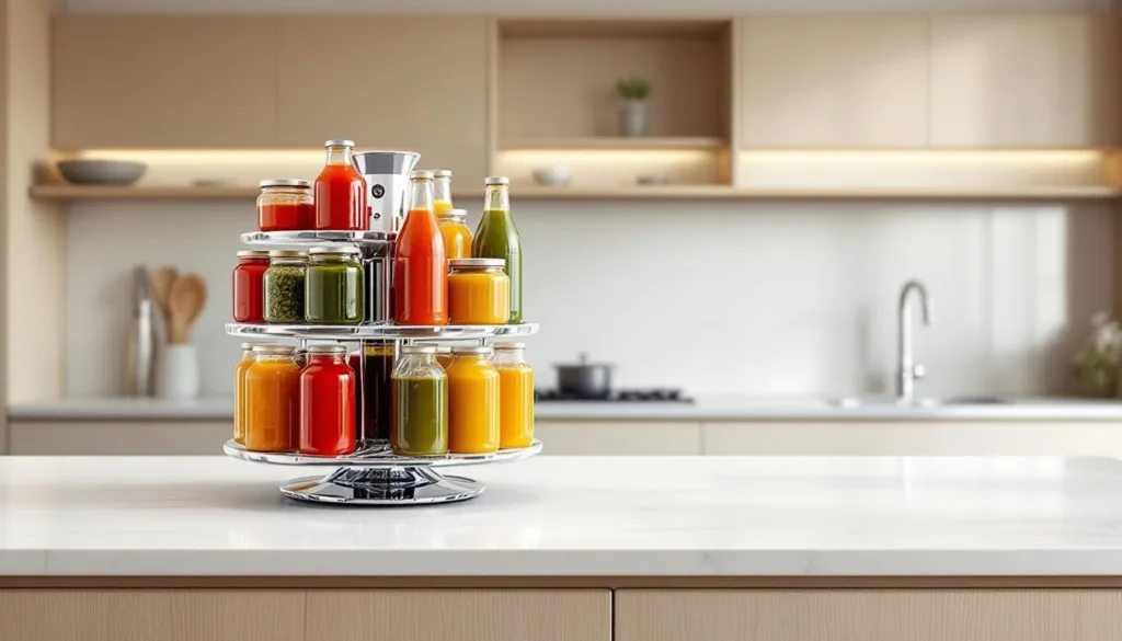 entdecken sie den drehbaren soßen-organizer, der ihre küche revolutioniert – mehr als nur schubladen oder regale, für optimale ordnung und einfachen zugriff auf ihre soßen.